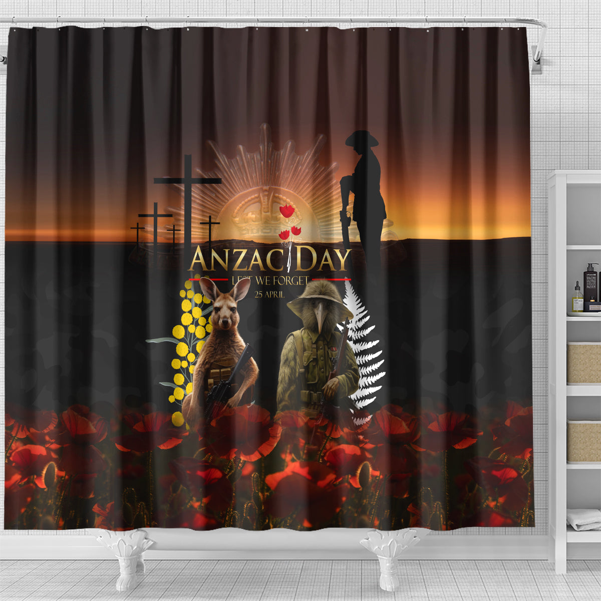 New Zealand and Australia ANZAC Day Shower Curtain Kiwi Bird and Kangaroo Soldier