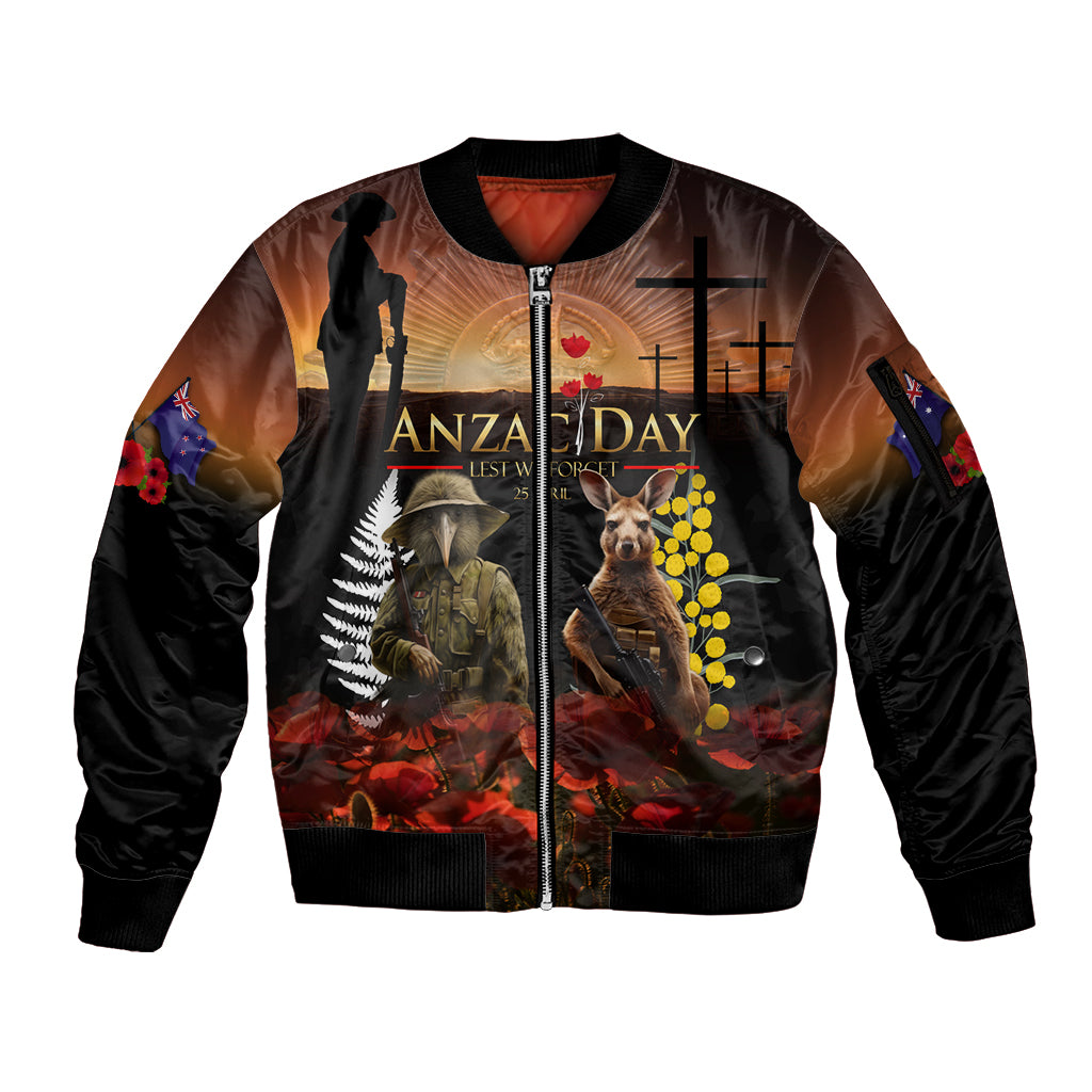 New Zealand and Australia ANZAC Day Sleeve Zip Bomber Jacket Kiwi Bird and Kangaroo Soldier