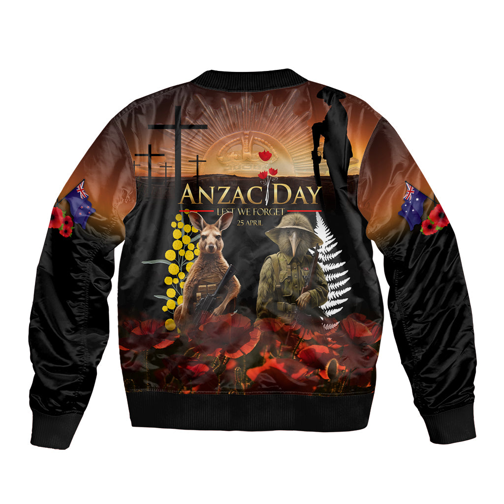 New Zealand and Australia ANZAC Day Sleeve Zip Bomber Jacket Kiwi Bird and Kangaroo Soldier