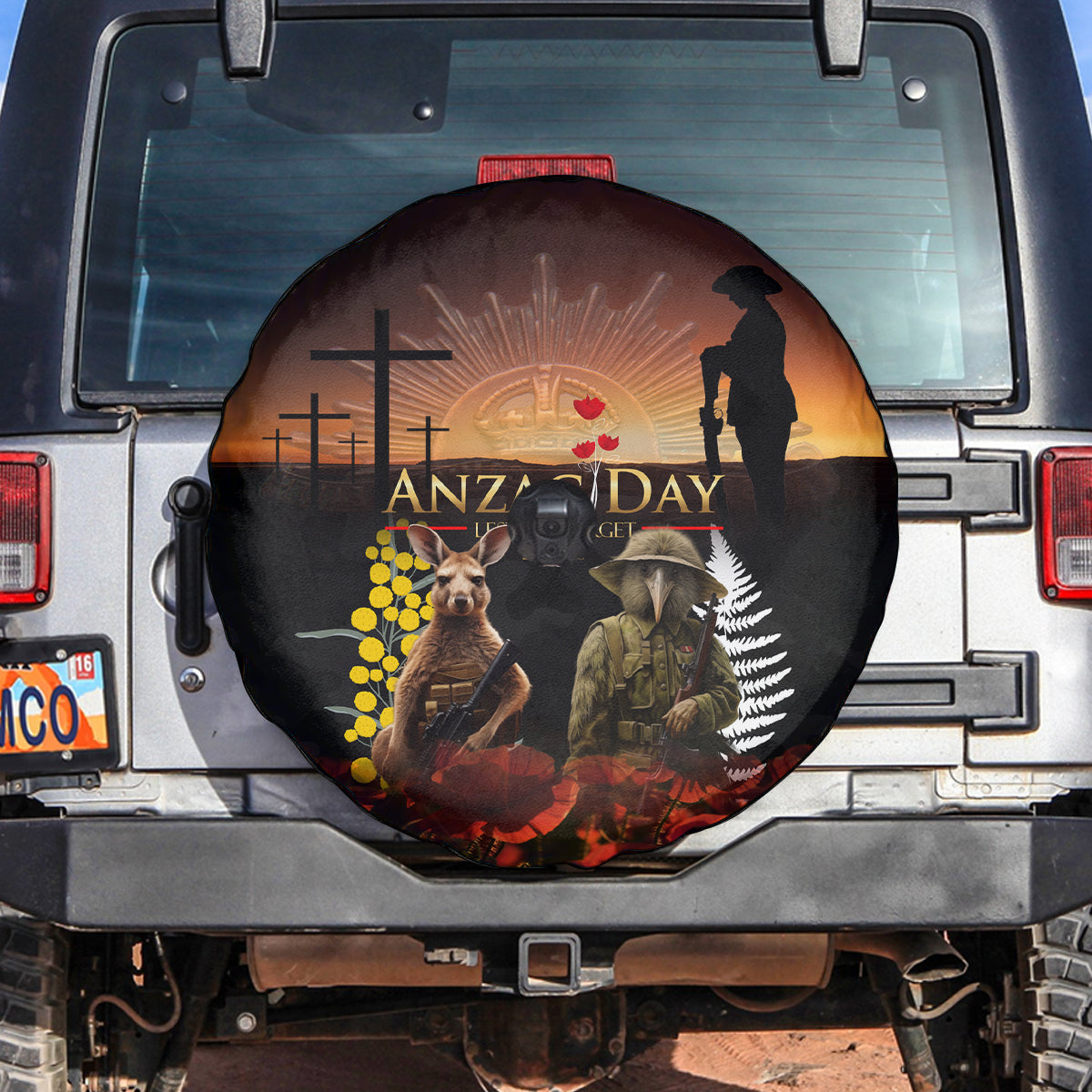 New Zealand and Australia ANZAC Day Spare Tire Cover Kiwi Bird and Kangaroo Soldier - Vibe Hoodie Shop