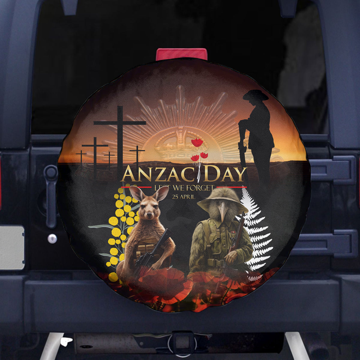New Zealand and Australia ANZAC Day Spare Tire Cover Kiwi Bird and Kangaroo Soldier - Vibe Hoodie Shop