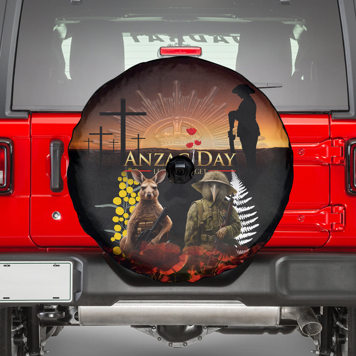 New Zealand and Australia ANZAC Day Spare Tire Cover Kiwi Bird and Kangaroo Soldier - Vibe Hoodie Shop