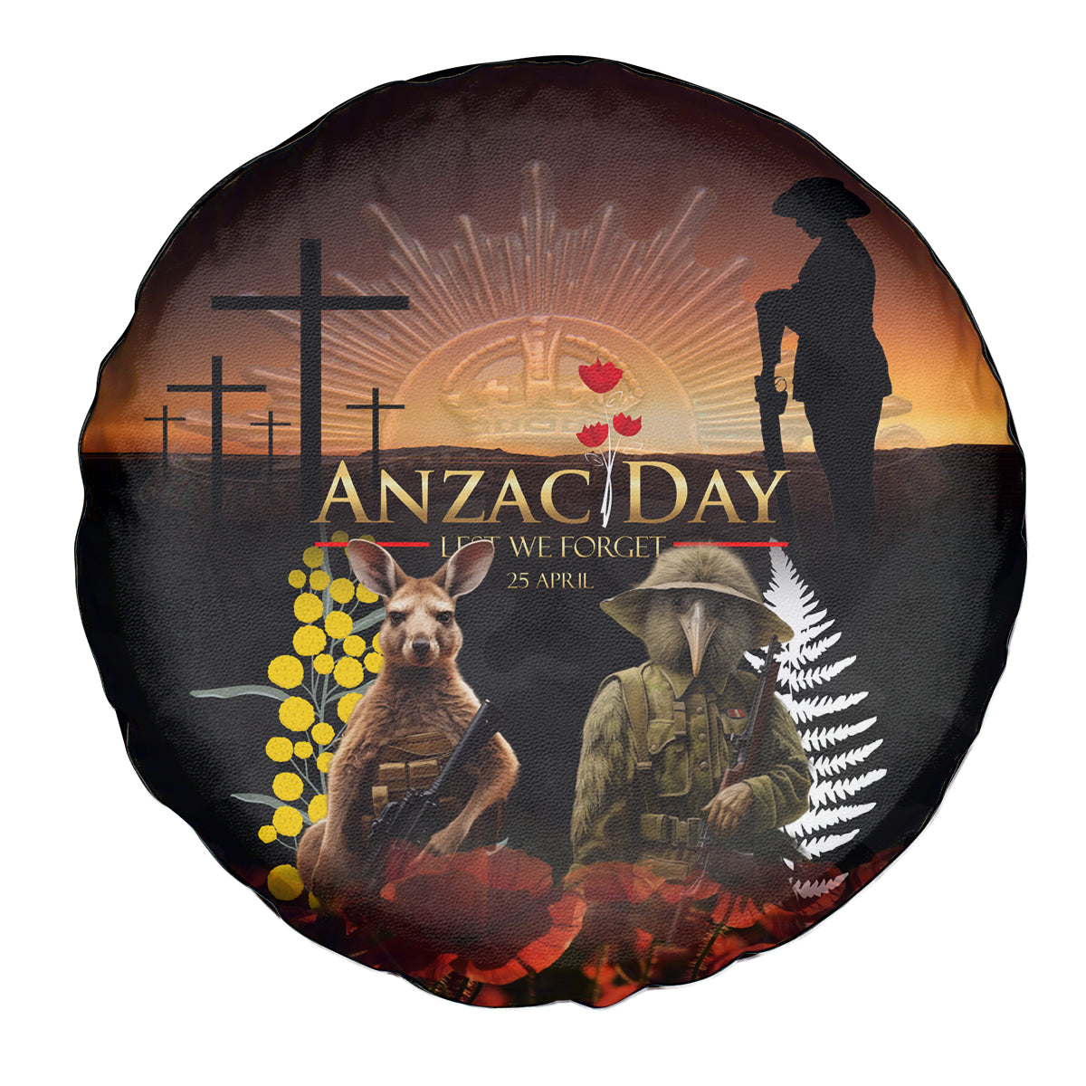 New Zealand and Australia ANZAC Day Spare Tire Cover Kiwi Bird and Kangaroo Soldier - Vibe Hoodie Shop