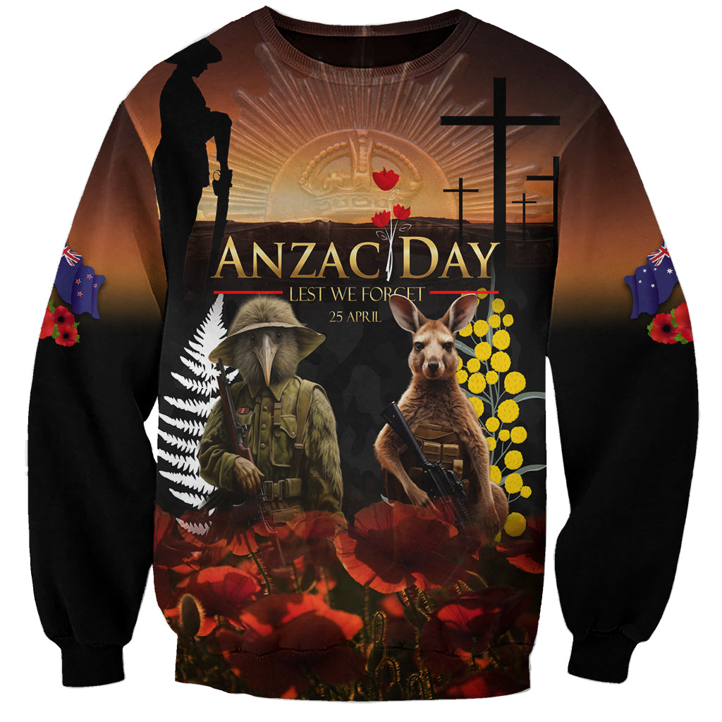 New Zealand and Australia ANZAC Day Sweatshirt Kiwi Bird and Kangaroo Soldier - Vibe Hoodie Shop