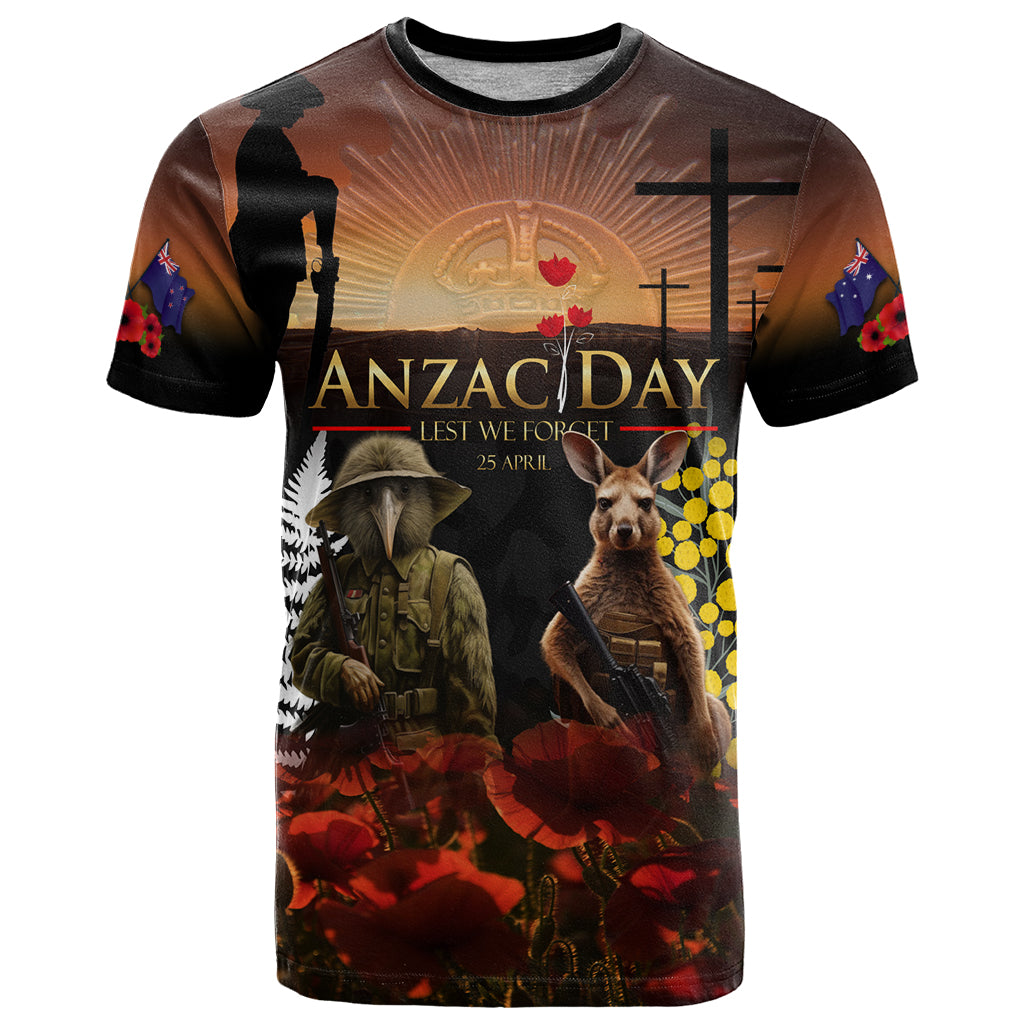 New Zealand and Australia ANZAC Day T Shirt Kiwi Bird and Kangaroo Soldier - Vibe Hoodie Shop