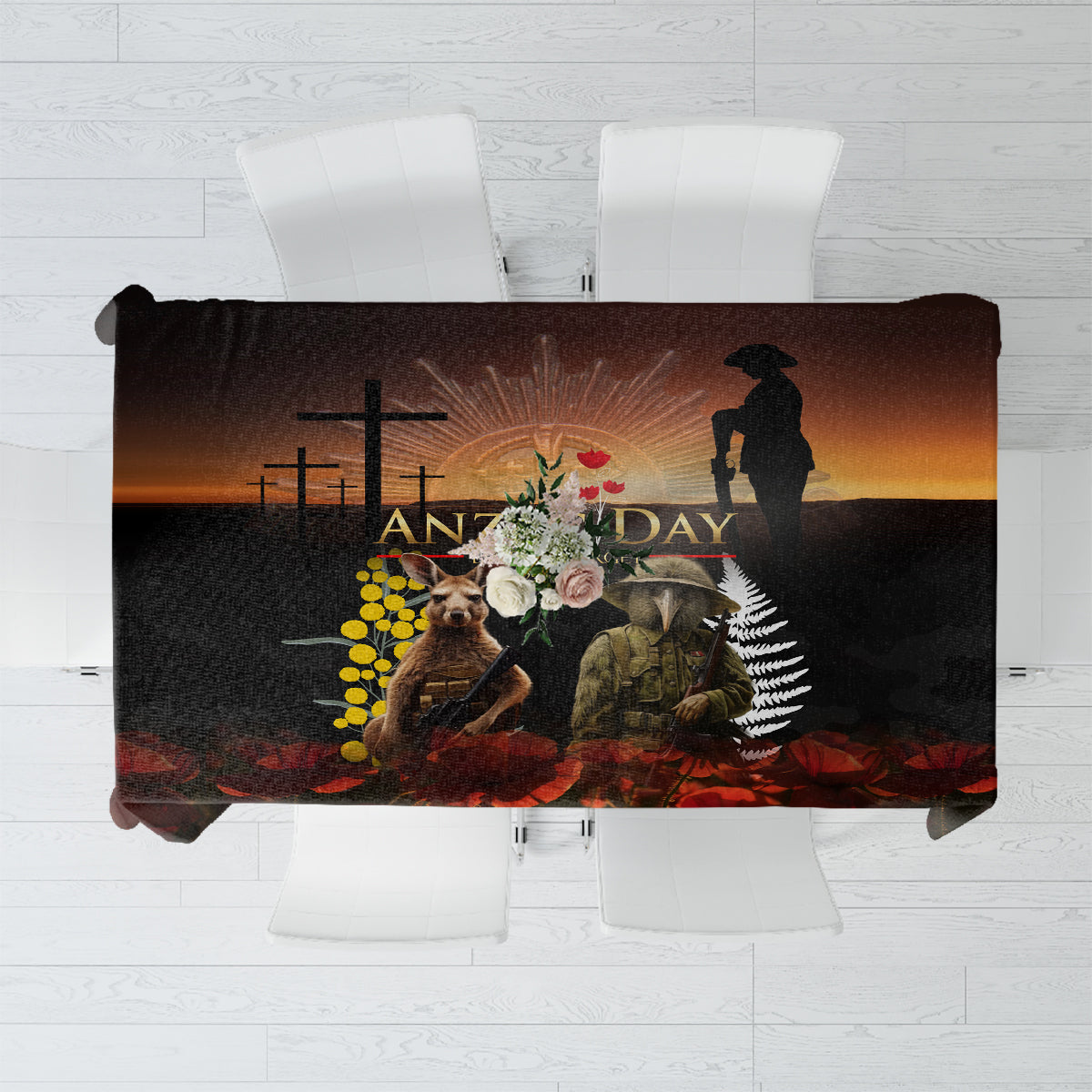 New Zealand and Australia ANZAC Day Tablecloth Kiwi Bird and Kangaroo Soldier
