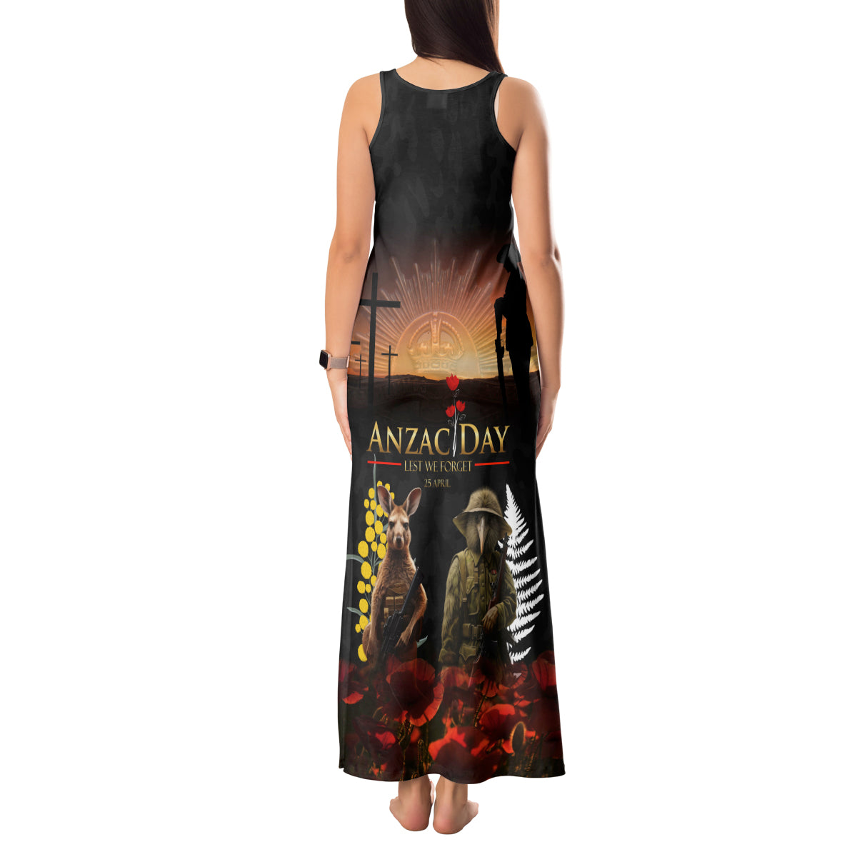 New Zealand and Australia ANZAC Day Tank Maxi Dress Kiwi Bird and Kangaroo Soldier