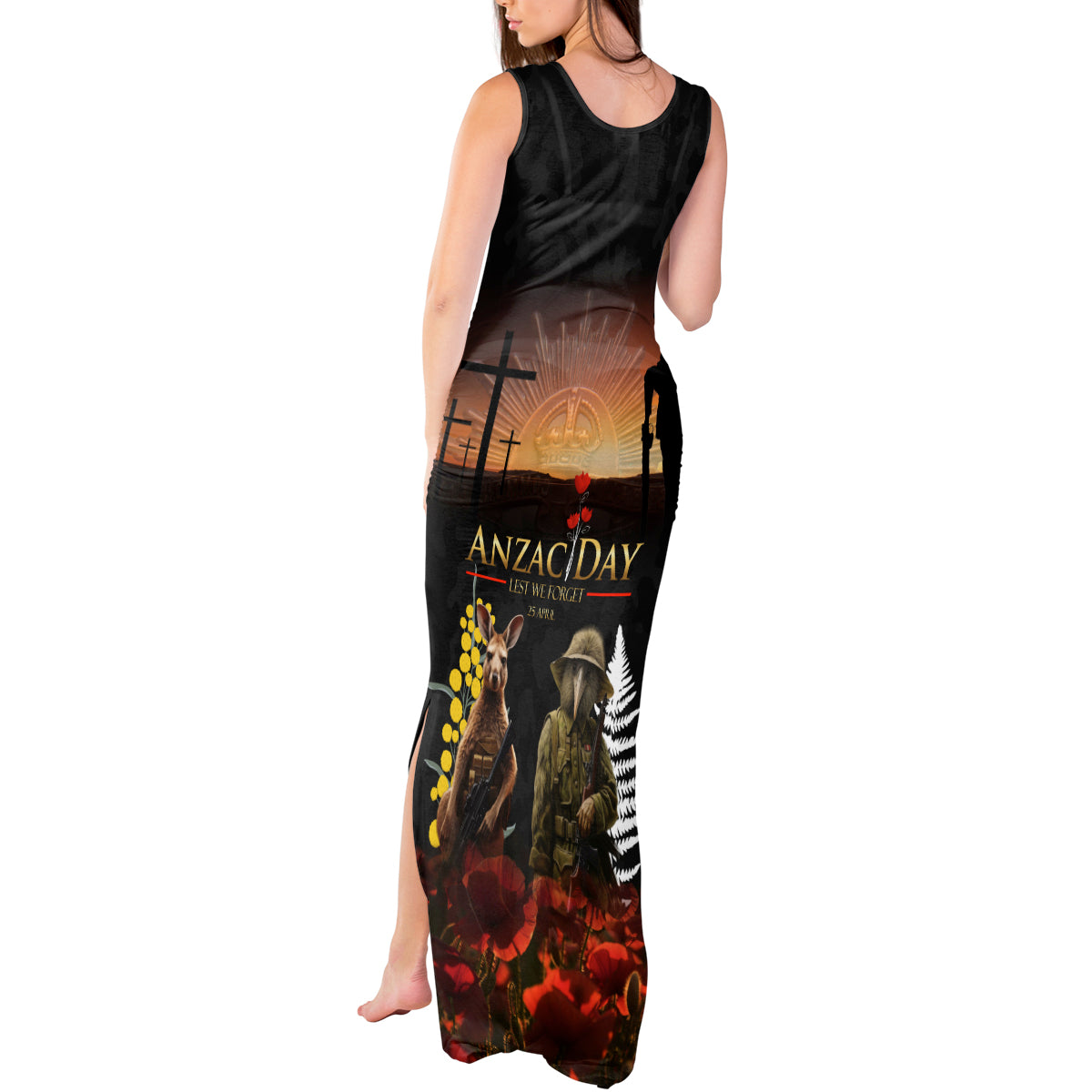 New Zealand and Australia ANZAC Day Tank Maxi Dress Kiwi Bird and Kangaroo Soldier