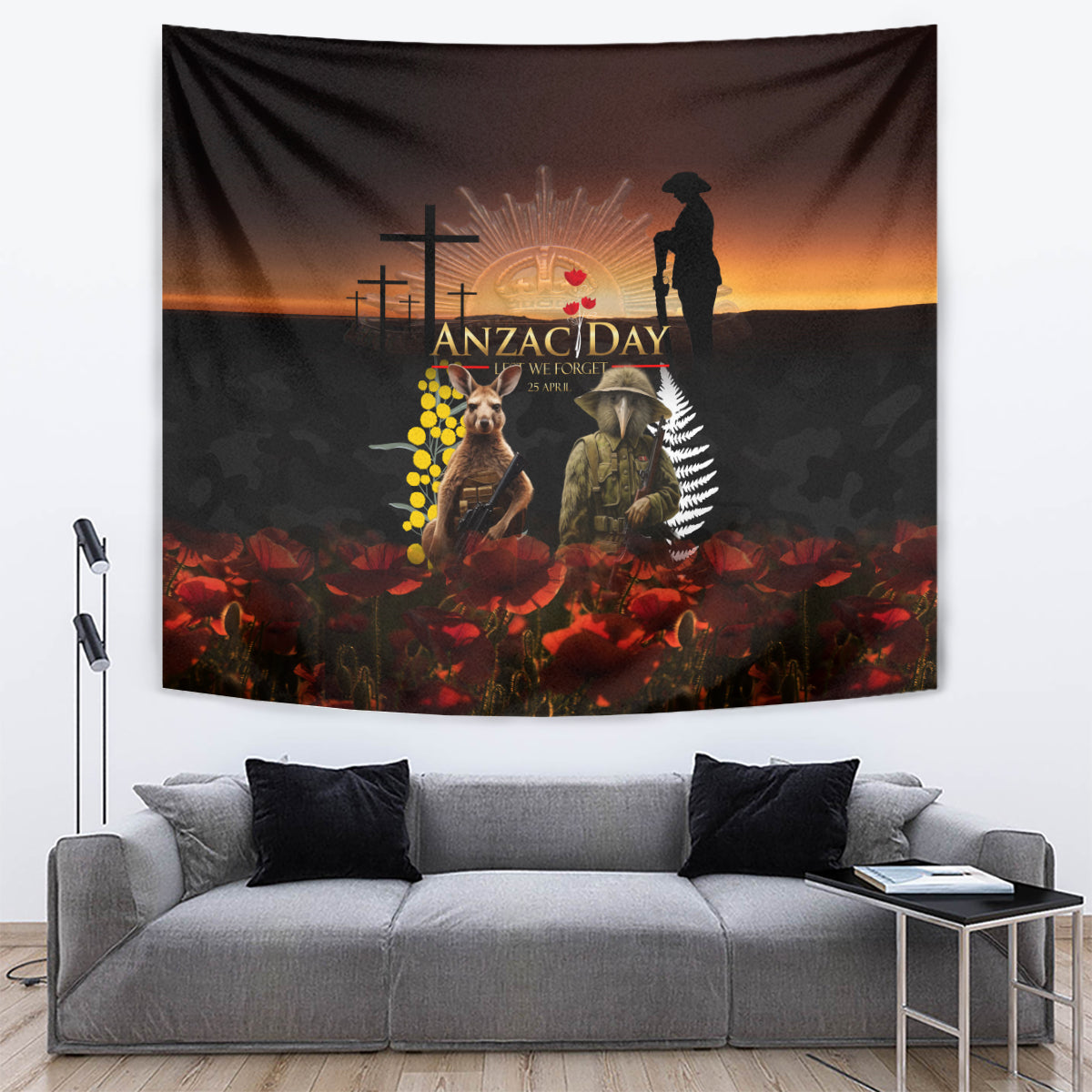 New Zealand and Australia ANZAC Day Tapestry Kiwi Bird and Kangaroo Soldier - Vibe Hoodie Shop