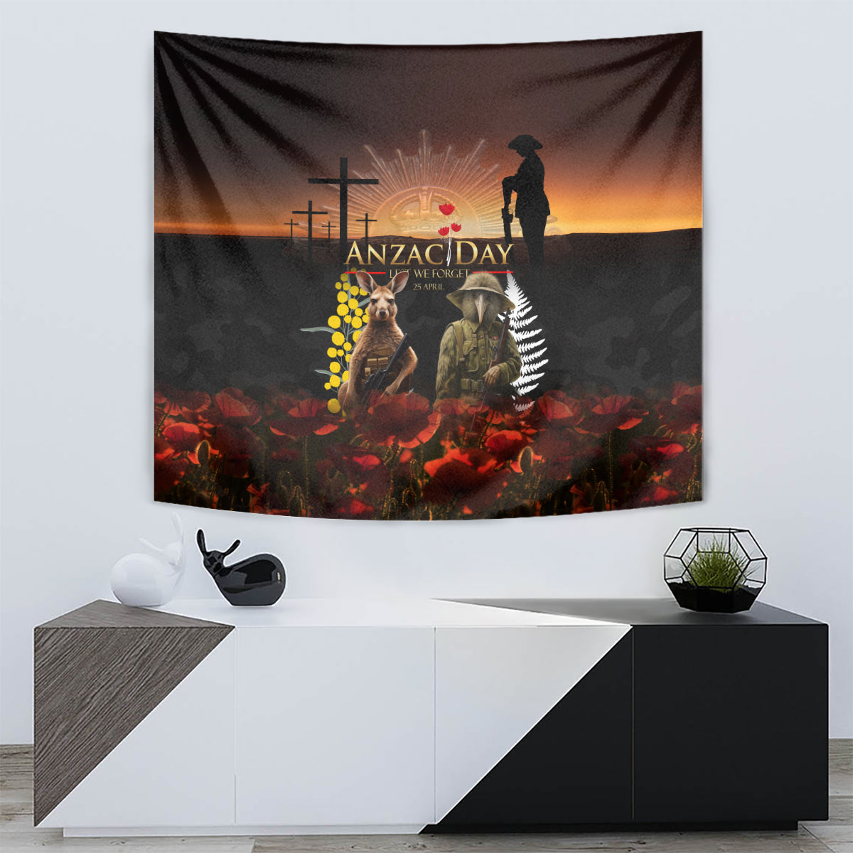 New Zealand and Australia ANZAC Day Tapestry Kiwi Bird and Kangaroo Soldier - Vibe Hoodie Shop