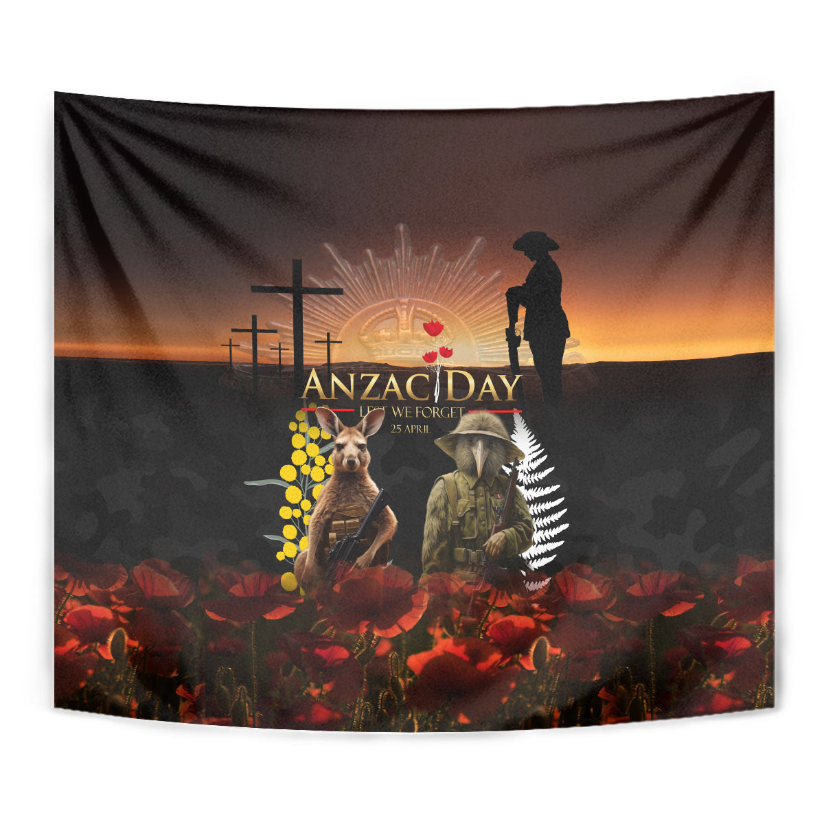 New Zealand and Australia ANZAC Day Tapestry Kiwi Bird and Kangaroo Soldier - Vibe Hoodie Shop