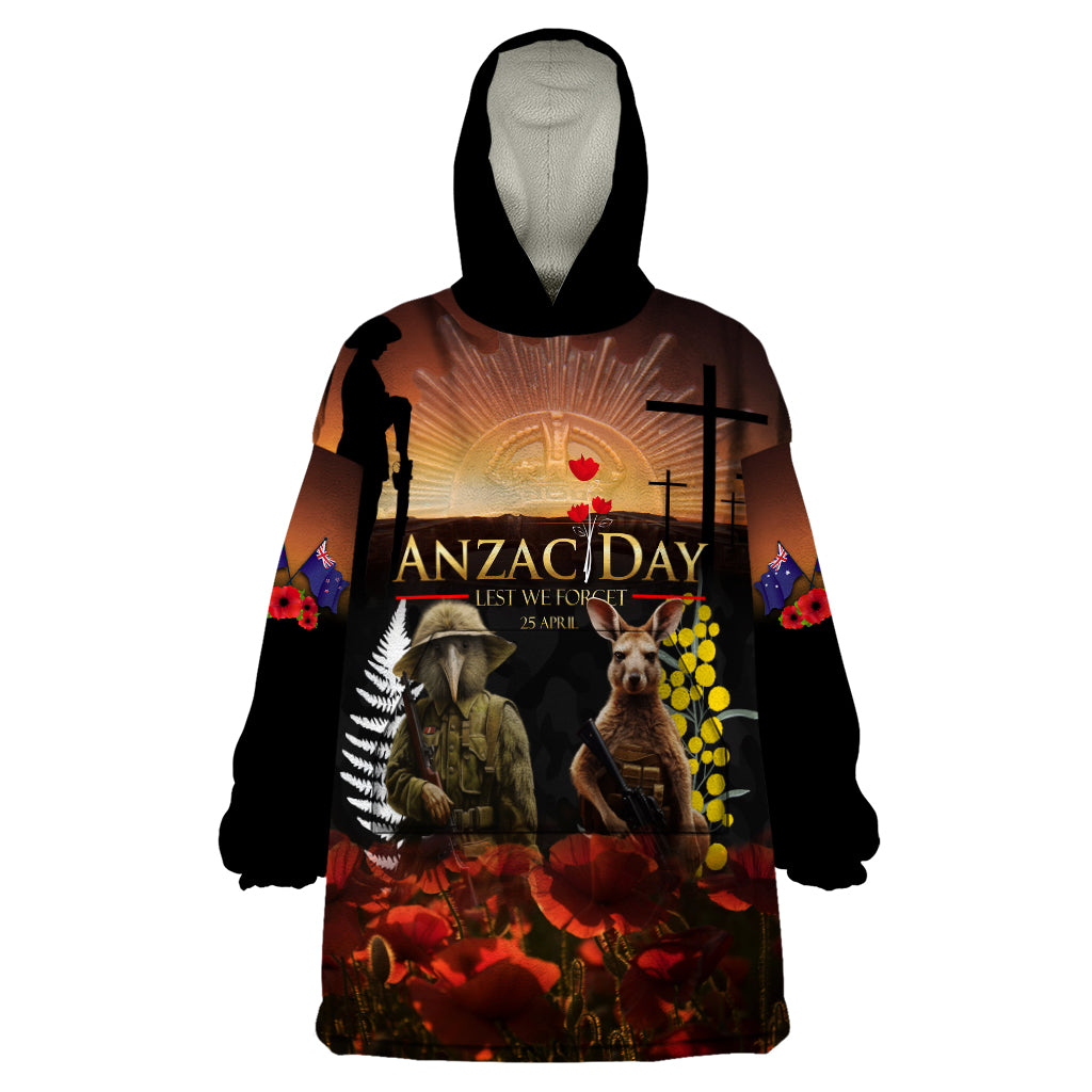 New Zealand and Australia ANZAC Day Wearable Blanket Hoodie Kiwi Bird and Kangaroo Soldier - Vibe Hoodie Shop