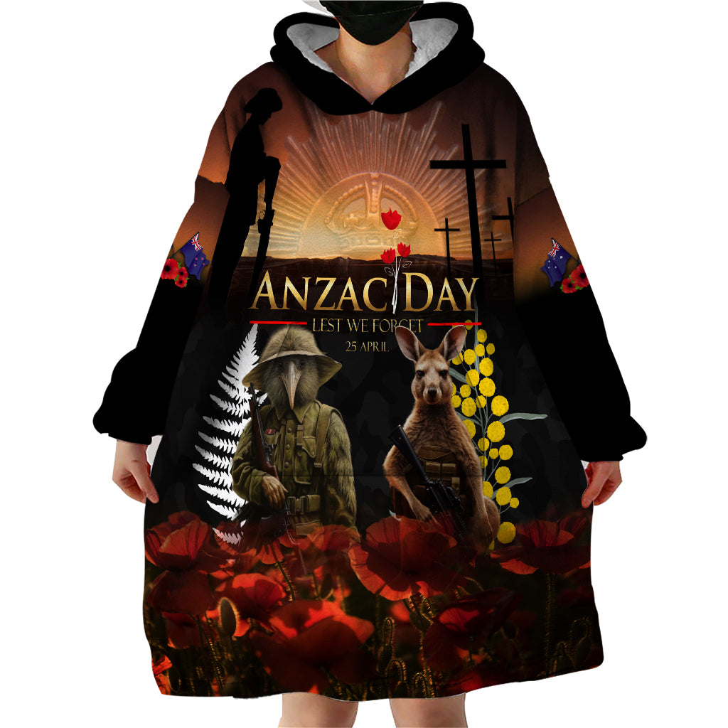 New Zealand and Australia ANZAC Day Wearable Blanket Hoodie Kiwi Bird and Kangaroo Soldier - Vibe Hoodie Shop