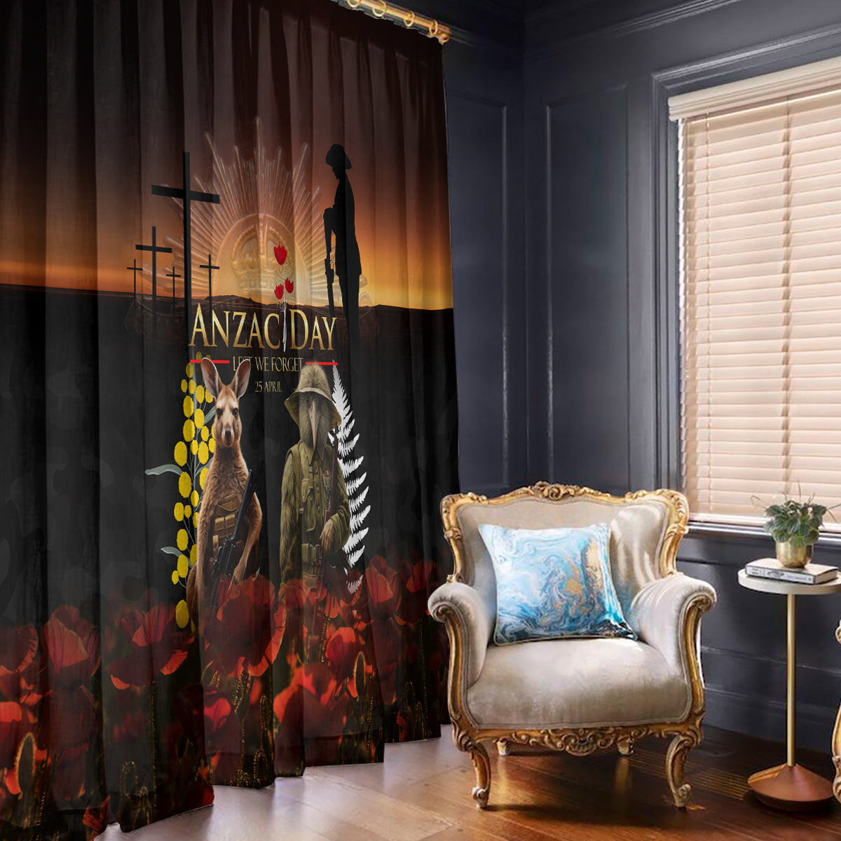New Zealand and Australia ANZAC Day Window Curtain Kiwi Bird and Kangaroo Soldier