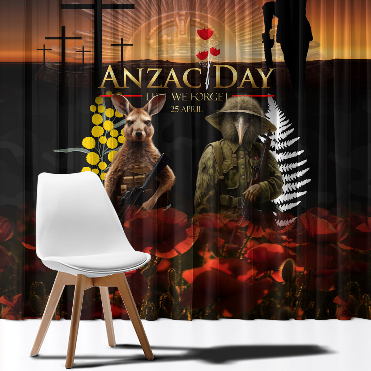 New Zealand and Australia ANZAC Day Window Curtain Kiwi Bird and Kangaroo Soldier