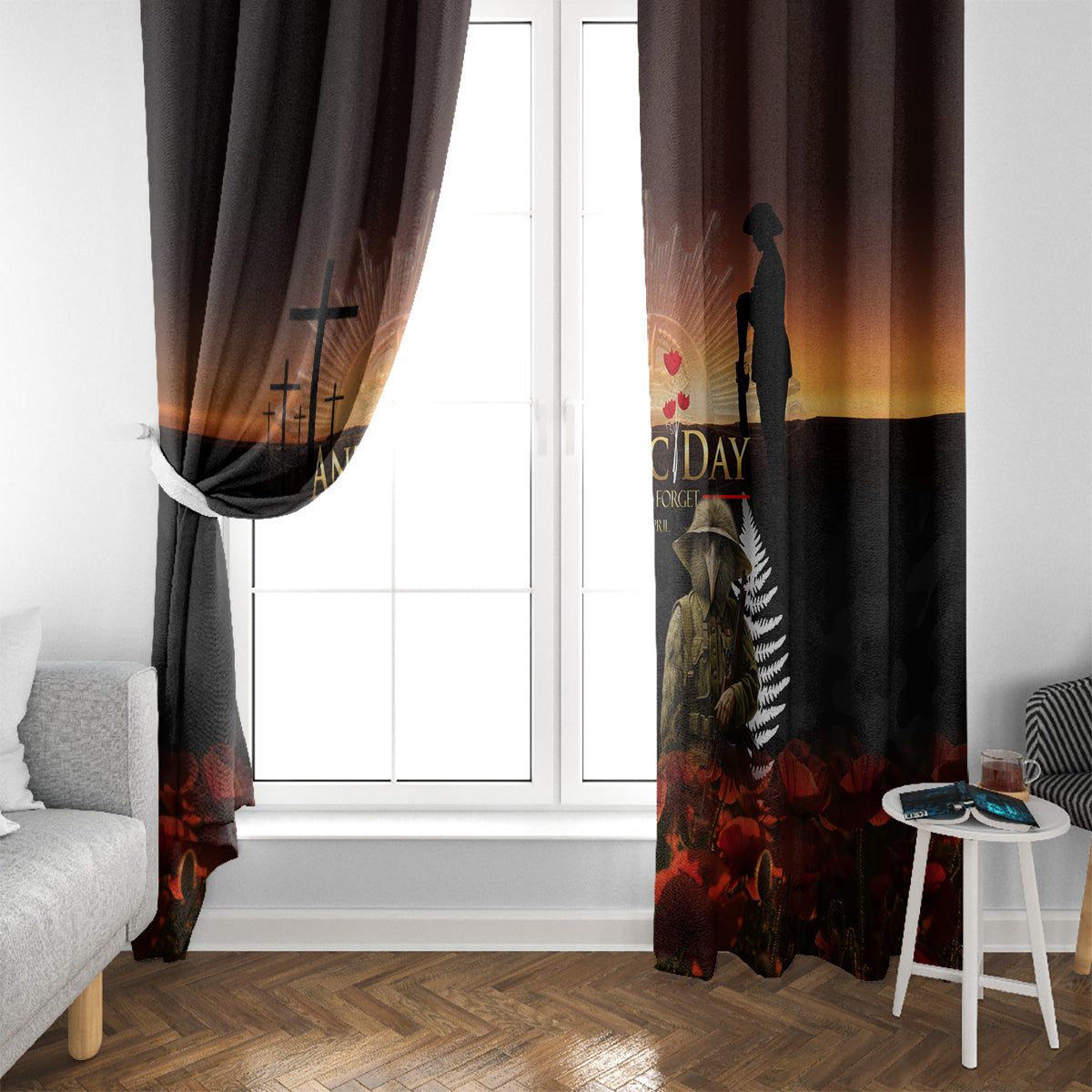 New Zealand and Australia ANZAC Day Window Curtain Kiwi Bird and Kangaroo Soldier