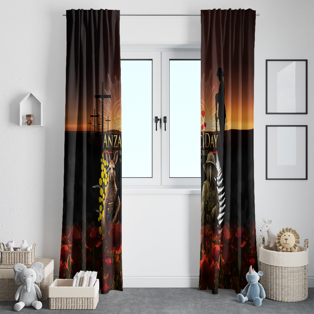 New Zealand and Australia ANZAC Day Window Curtain Kiwi Bird and Kangaroo Soldier