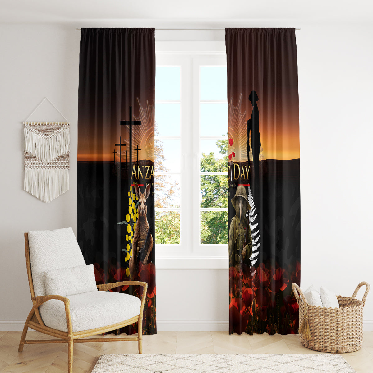 New Zealand and Australia ANZAC Day Window Curtain Kiwi Bird and Kangaroo Soldier