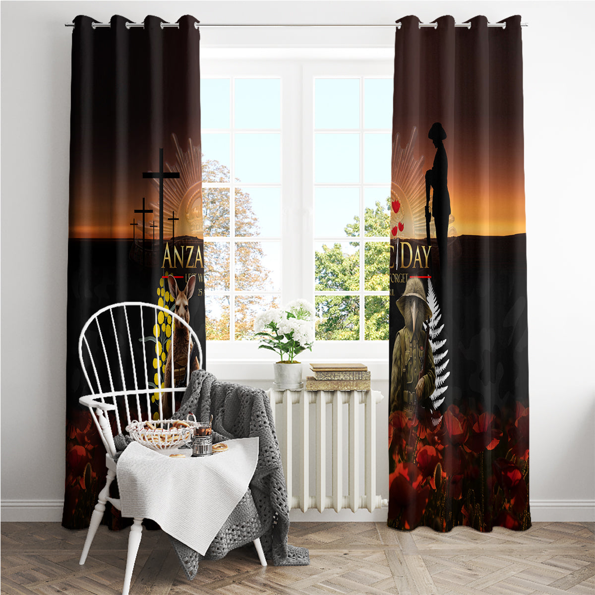 New Zealand and Australia ANZAC Day Window Curtain Kiwi Bird and Kangaroo Soldier