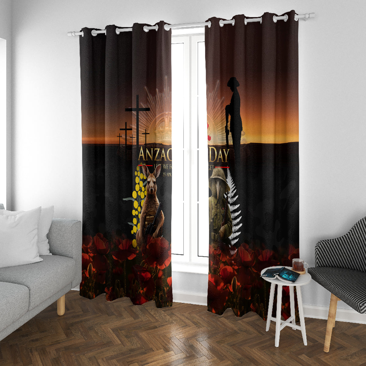 New Zealand and Australia ANZAC Day Window Curtain Kiwi Bird and Kangaroo Soldier