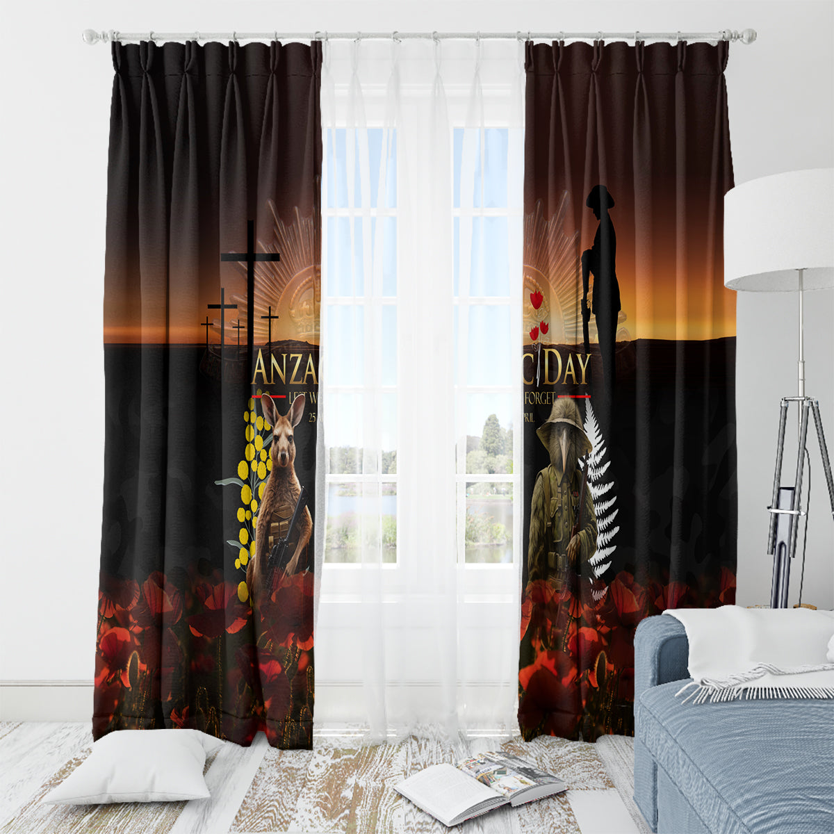New Zealand and Australia ANZAC Day Window Curtain Kiwi Bird and Kangaroo Soldier