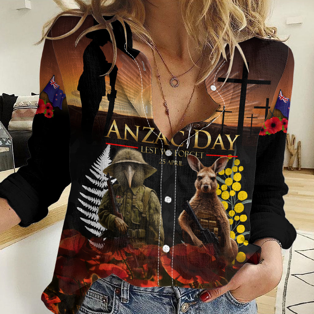 New Zealand and Australia ANZAC Day Women Casual Shirt Kiwi Bird and Kangaroo Soldier - Vibe Hoodie Shop