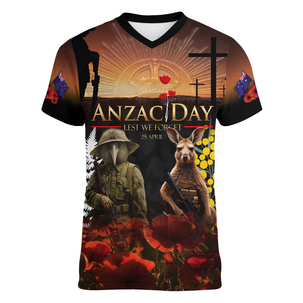 New Zealand and Australia ANZAC Day Women V Neck T Shirt Kiwi Bird and Kangaroo Soldier - Vibe Hoodie Shop