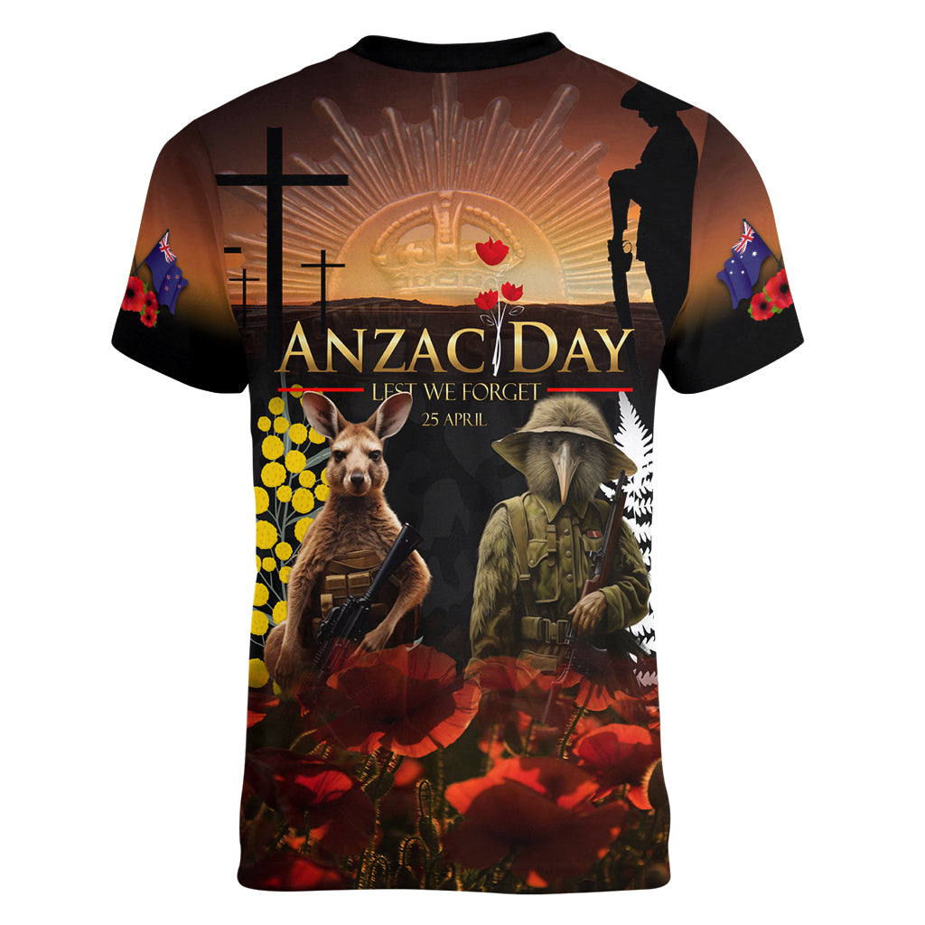 New Zealand and Australia ANZAC Day Women V Neck T Shirt Kiwi Bird and Kangaroo Soldier - Vibe Hoodie Shop