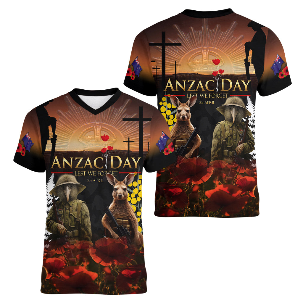 New Zealand and Australia ANZAC Day Women V Neck T Shirt Kiwi Bird and Kangaroo Soldier - Vibe Hoodie Shop