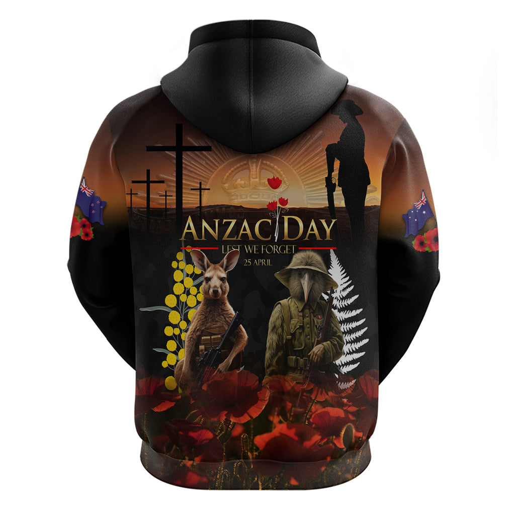 New Zealand and Australia ANZAC Day Zip Hoodie Kiwi Bird and Kangaroo Soldier - Vibe Hoodie Shop