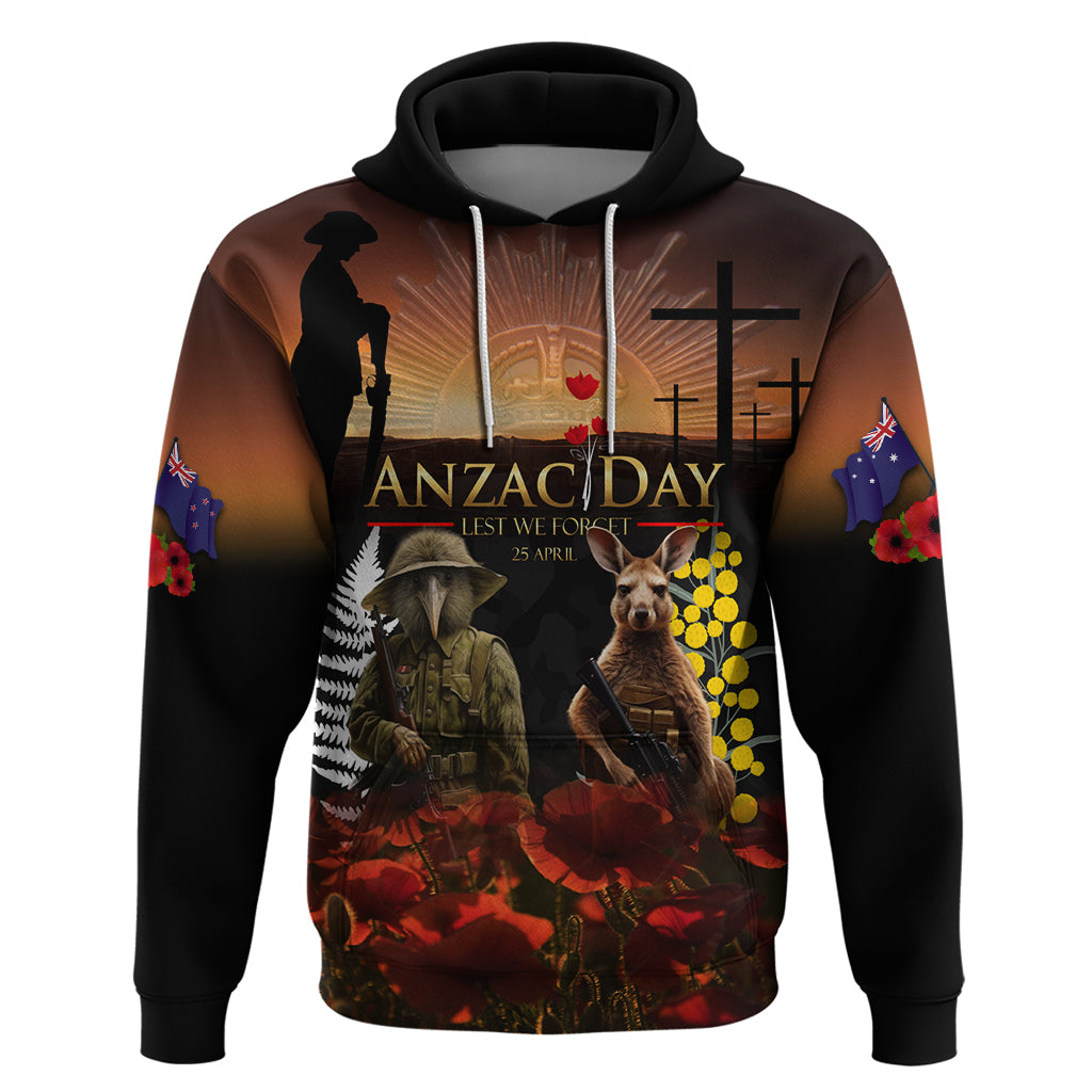 New Zealand and Australia ANZAC Day Zip Hoodie Kiwi Bird and Kangaroo Soldier - Vibe Hoodie Shop