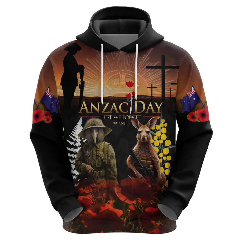 New Zealand and Australia ANZAC Day Zip Hoodie Kiwi Bird and Kangaroo Soldier - Vibe Hoodie Shop