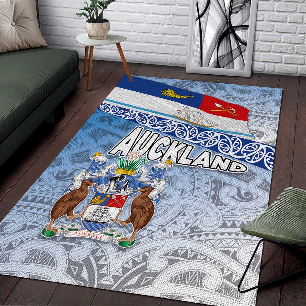 New Zealand Auckland Area Rug Auckland's Flag and Coat of Arms - Koru Art Maori Pattern - Vibe Hoodie Shop