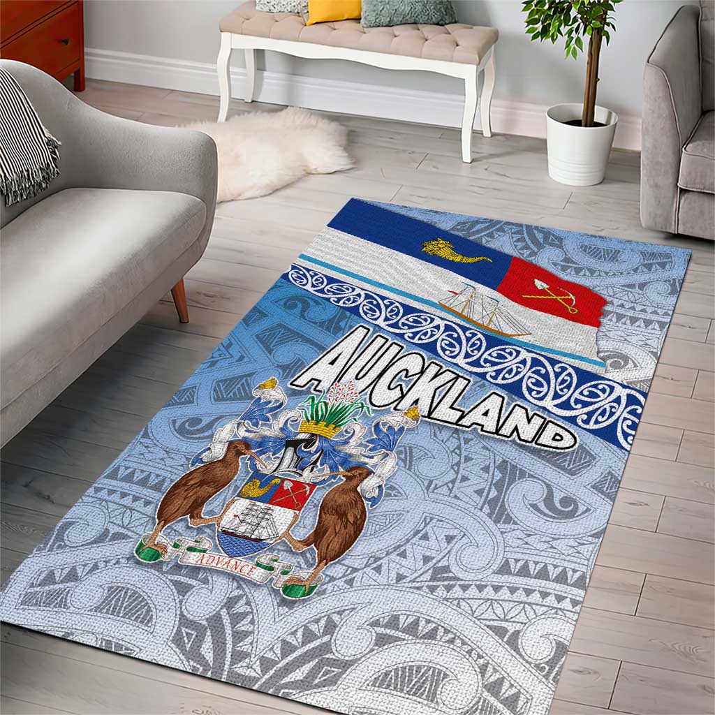 New Zealand Auckland Area Rug Auckland's Flag and Coat of Arms - Koru Art Maori Pattern - Vibe Hoodie Shop