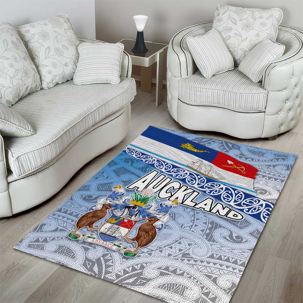 New Zealand Auckland Area Rug Auckland's Flag and Coat of Arms - Koru Art Maori Pattern - Vibe Hoodie Shop