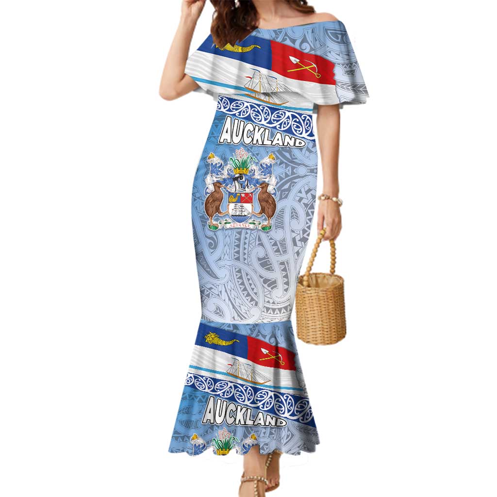 New Zealand Auckland Family Matching Mermaid Dress and Hawaiian Shirt Auckland's Flag and Coat of Arms - Koru Art Maori Pattern