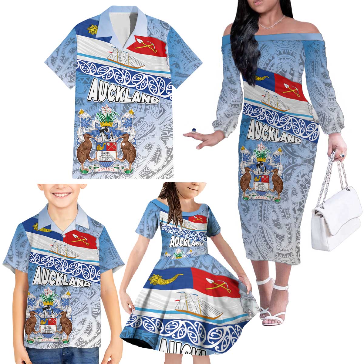 New Zealand Auckland Family Matching Off The Shoulder Long Sleeve Dress and Hawaiian Shirt Auckland's Flag and Coat of Arms - Koru Art Maori Pattern