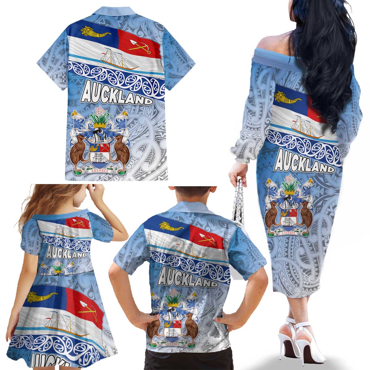 New Zealand Auckland Family Matching Off The Shoulder Long Sleeve Dress and Hawaiian Shirt Auckland's Flag and Coat of Arms - Koru Art Maori Pattern