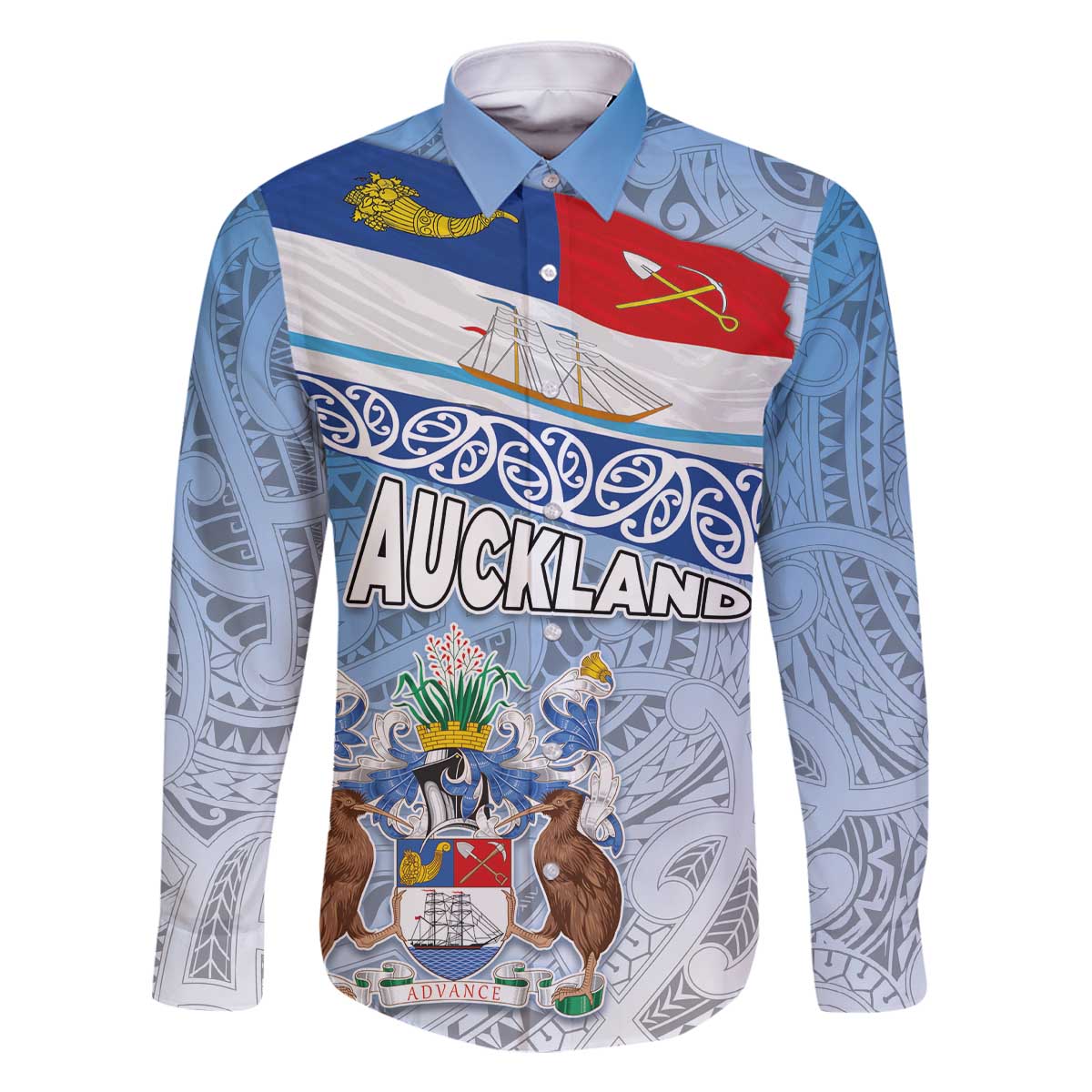 New Zealand Auckland Family Matching Off The Shoulder Long Sleeve Dress and Hawaiian Shirt Auckland's Flag and Coat of Arms - Koru Art Maori Pattern