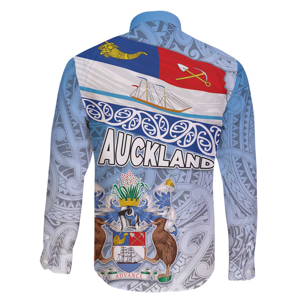 New Zealand Auckland Family Matching Off The Shoulder Long Sleeve Dress and Hawaiian Shirt Auckland's Flag and Coat of Arms - Koru Art Maori Pattern