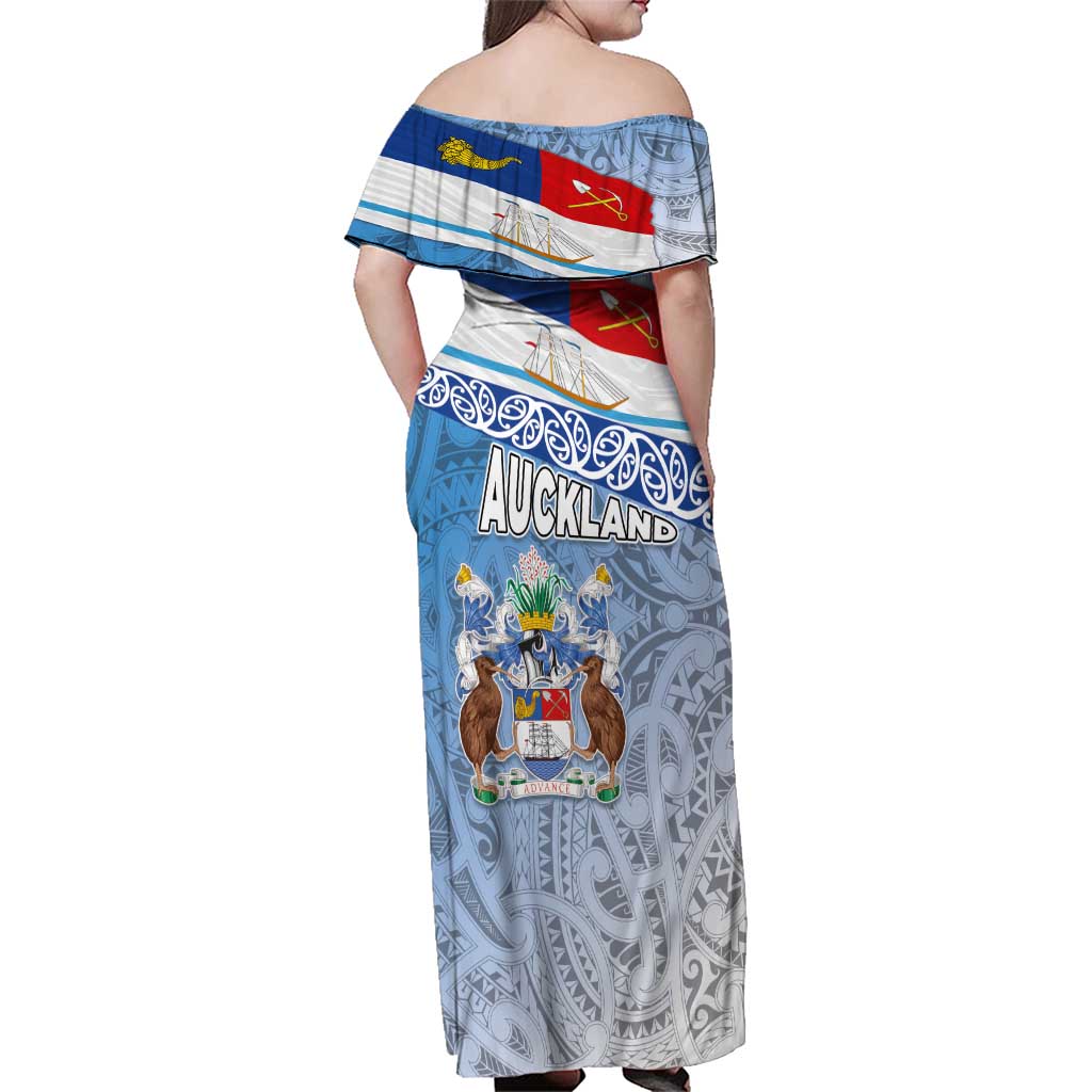 New Zealand Auckland Family Matching Off Shoulder Maxi Dress and Hawaiian Shirt Auckland's Flag and Coat of Arms - Koru Art Maori Pattern