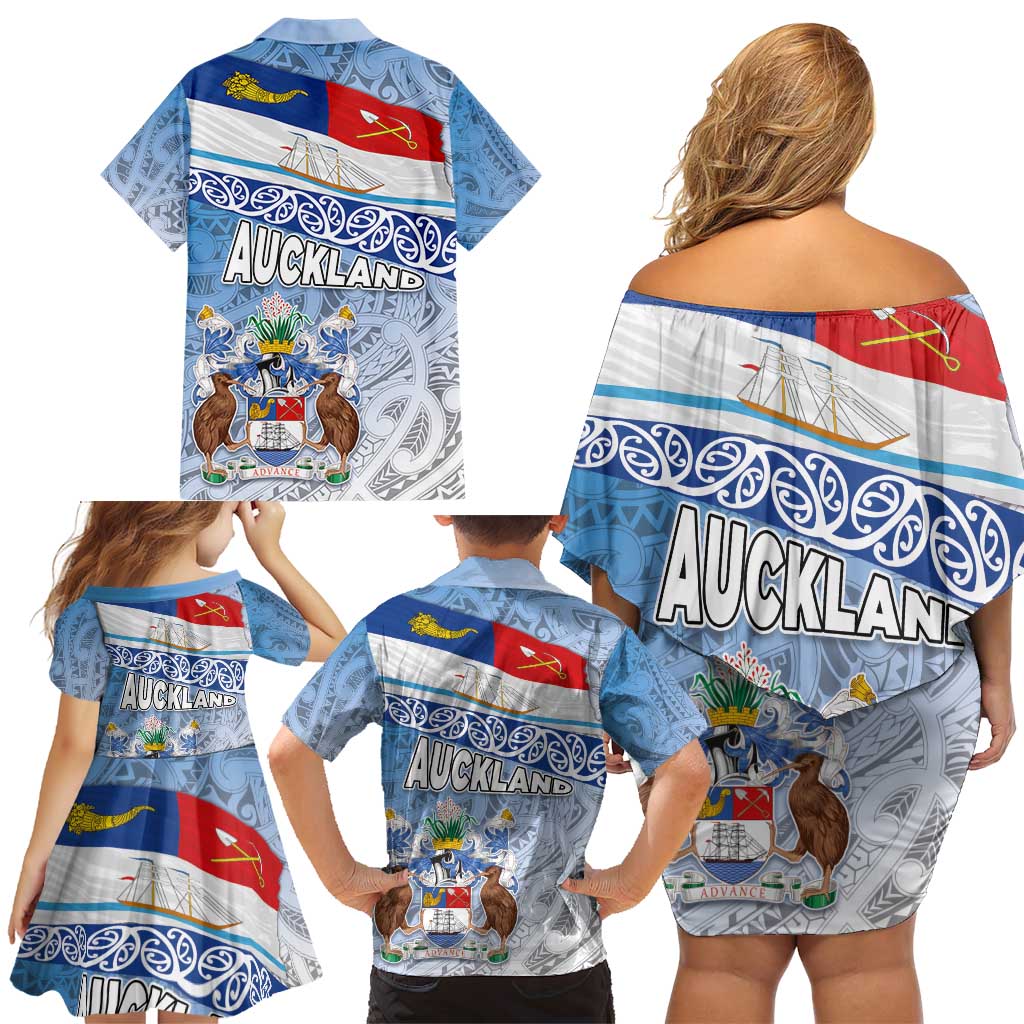 New Zealand Auckland Family Matching Off Shoulder Short Dress and Hawaiian Shirt Auckland's Flag and Coat of Arms - Koru Art Maori Pattern