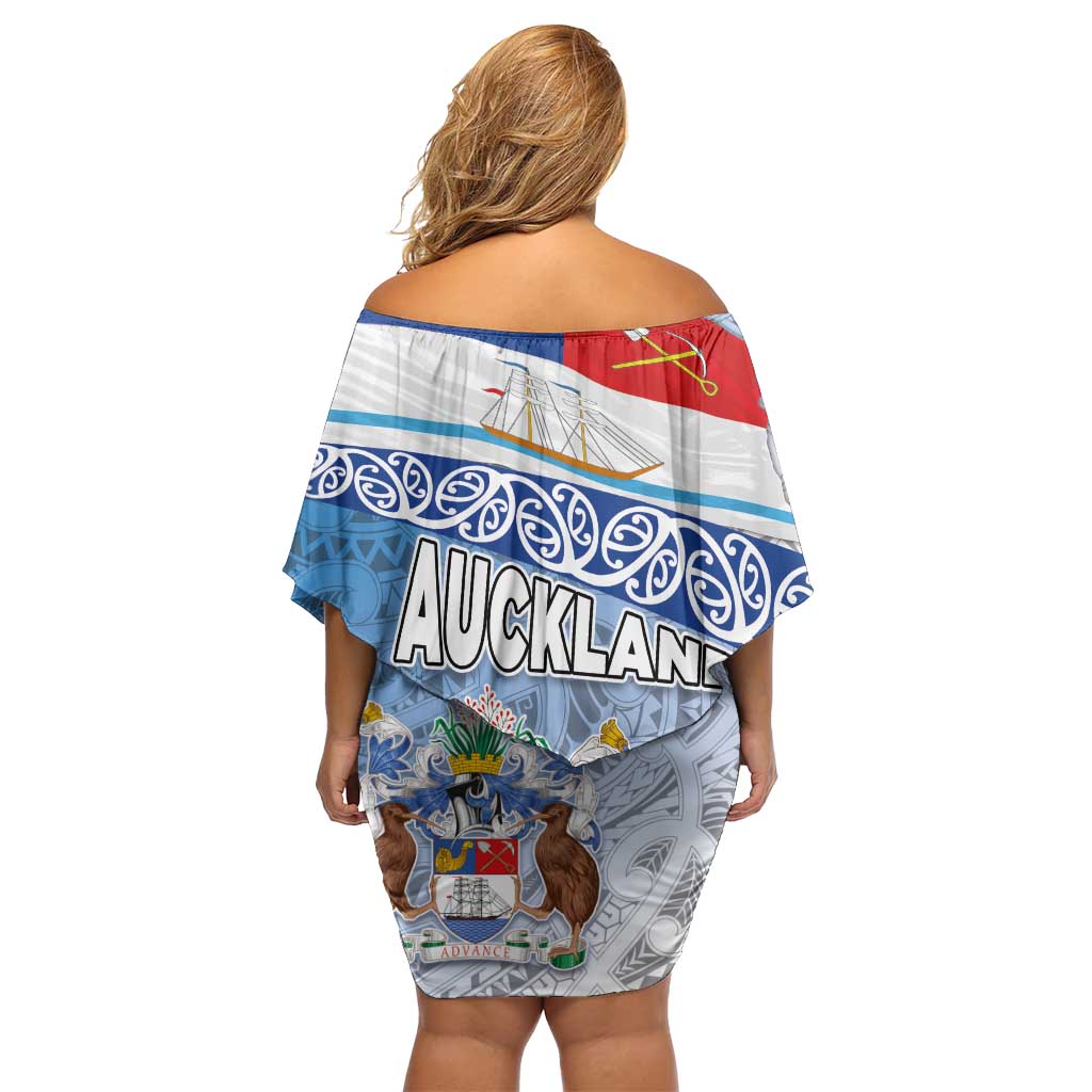 New Zealand Auckland Family Matching Off Shoulder Short Dress and Hawaiian Shirt Auckland's Flag and Coat of Arms - Koru Art Maori Pattern