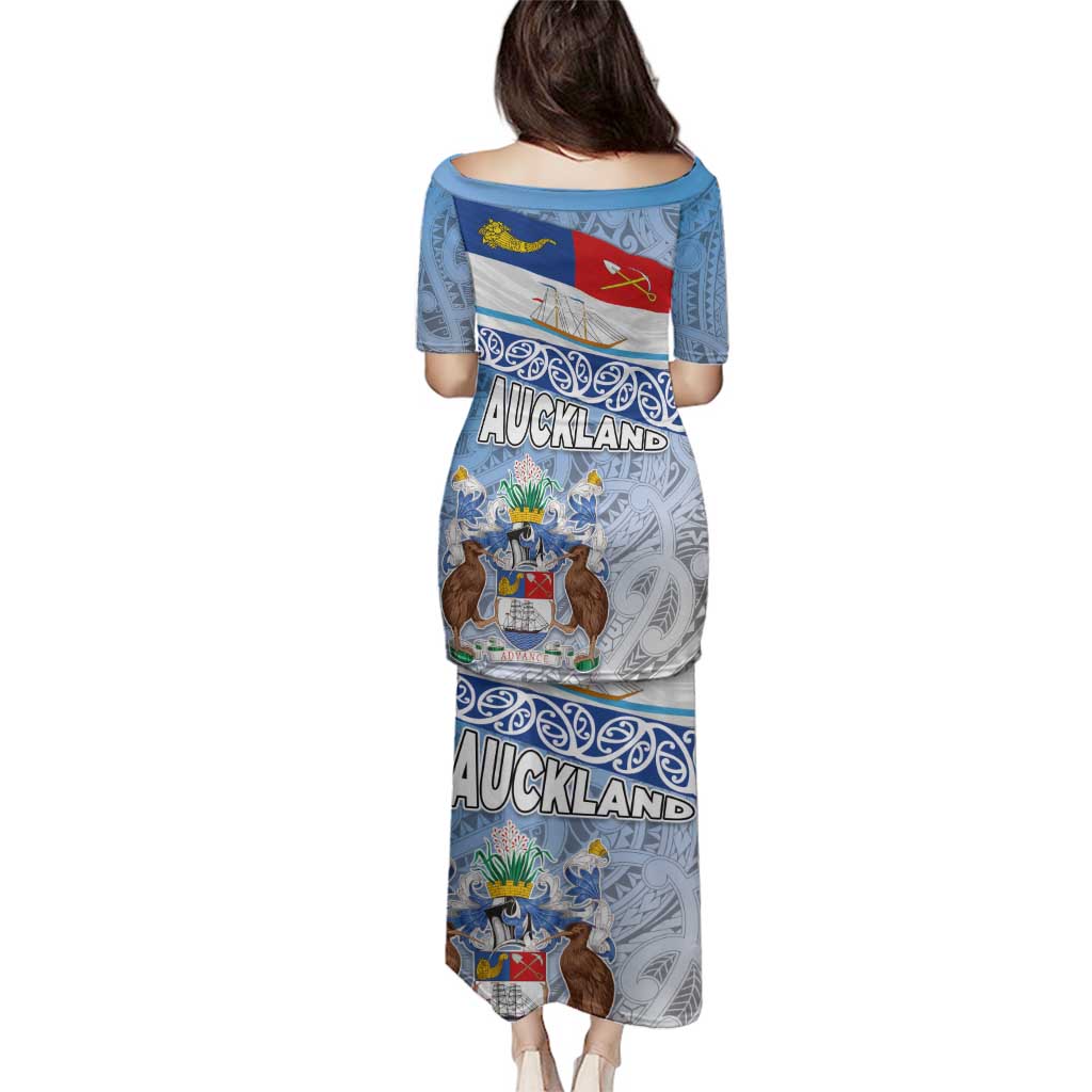 New Zealand Auckland Family Matching Puletasi and Hawaiian Shirt Auckland's Flag and Coat of Arms - Koru Art Maori Pattern