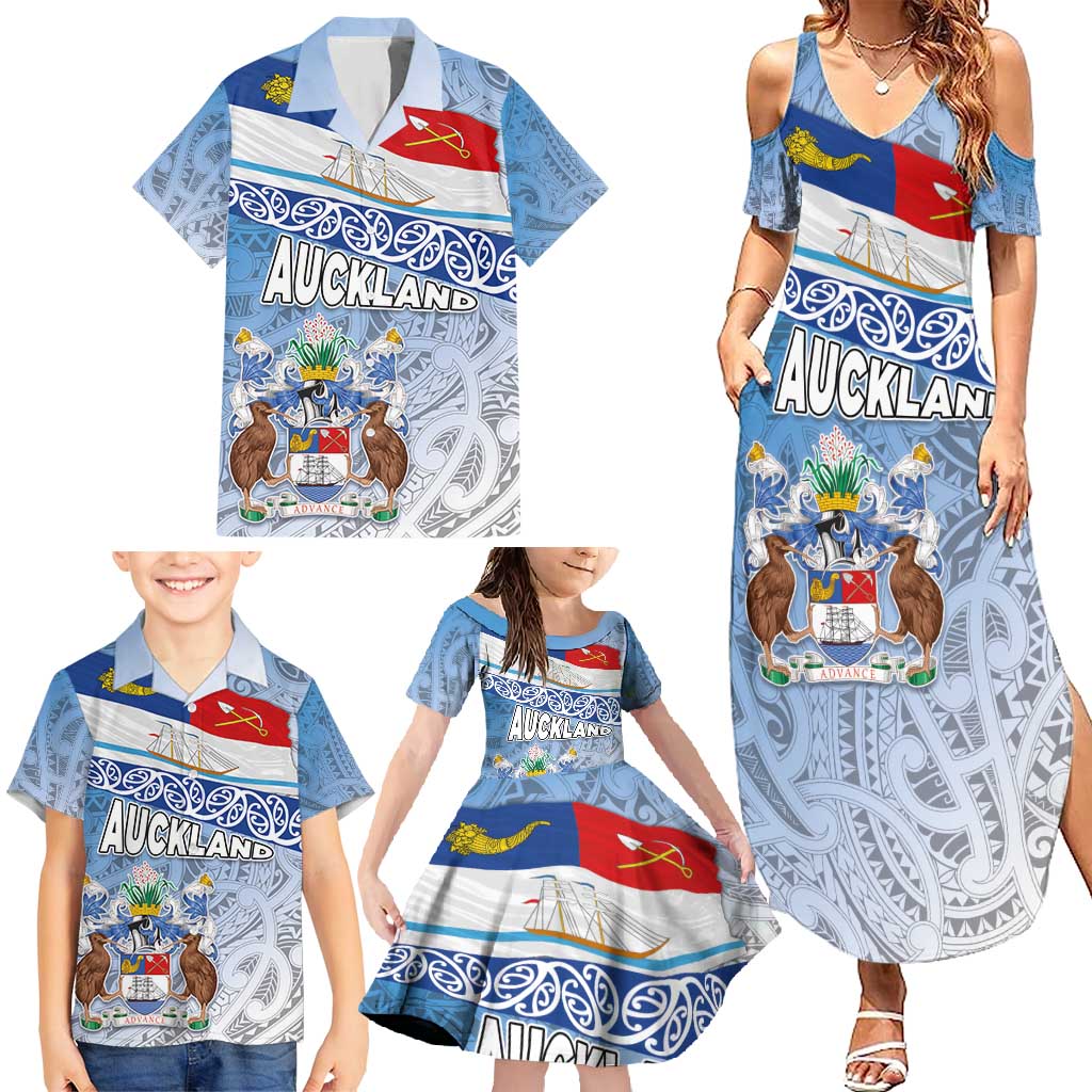 New Zealand Auckland Family Matching Summer Maxi Dress and Hawaiian Shirt Auckland's Flag and Coat of Arms - Koru Art Maori Pattern