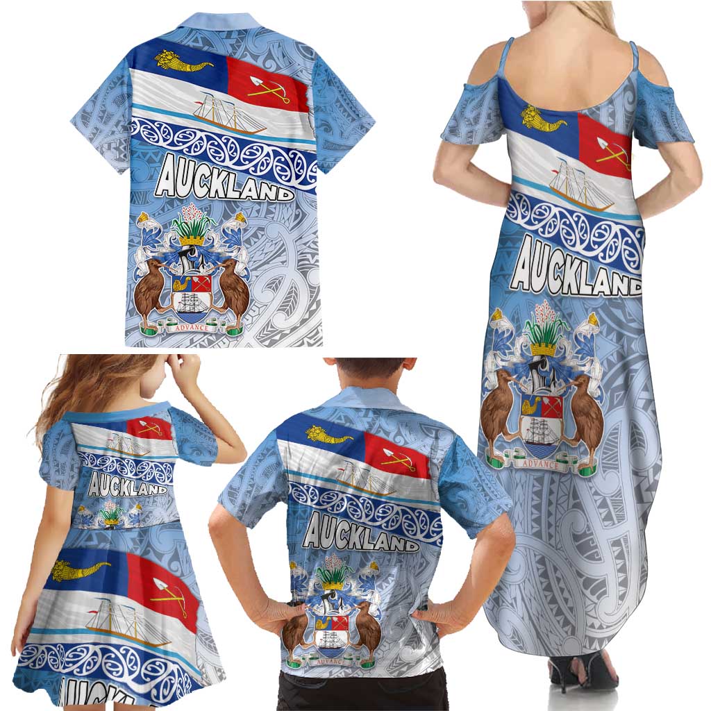 New Zealand Auckland Family Matching Summer Maxi Dress and Hawaiian Shirt Auckland's Flag and Coat of Arms - Koru Art Maori Pattern