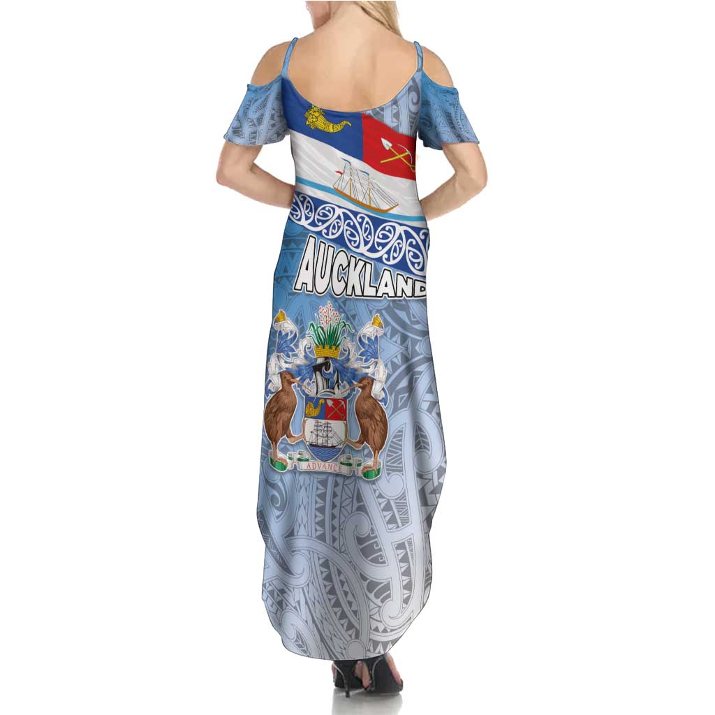 New Zealand Auckland Family Matching Summer Maxi Dress and Hawaiian Shirt Auckland's Flag and Coat of Arms - Koru Art Maori Pattern