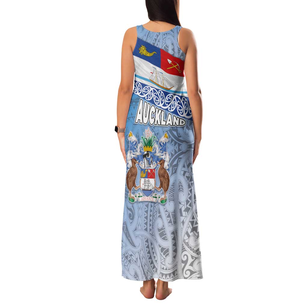 New Zealand Auckland Family Matching Tank Maxi Dress and Hawaiian Shirt Auckland's Flag and Coat of Arms - Koru Art Maori Pattern