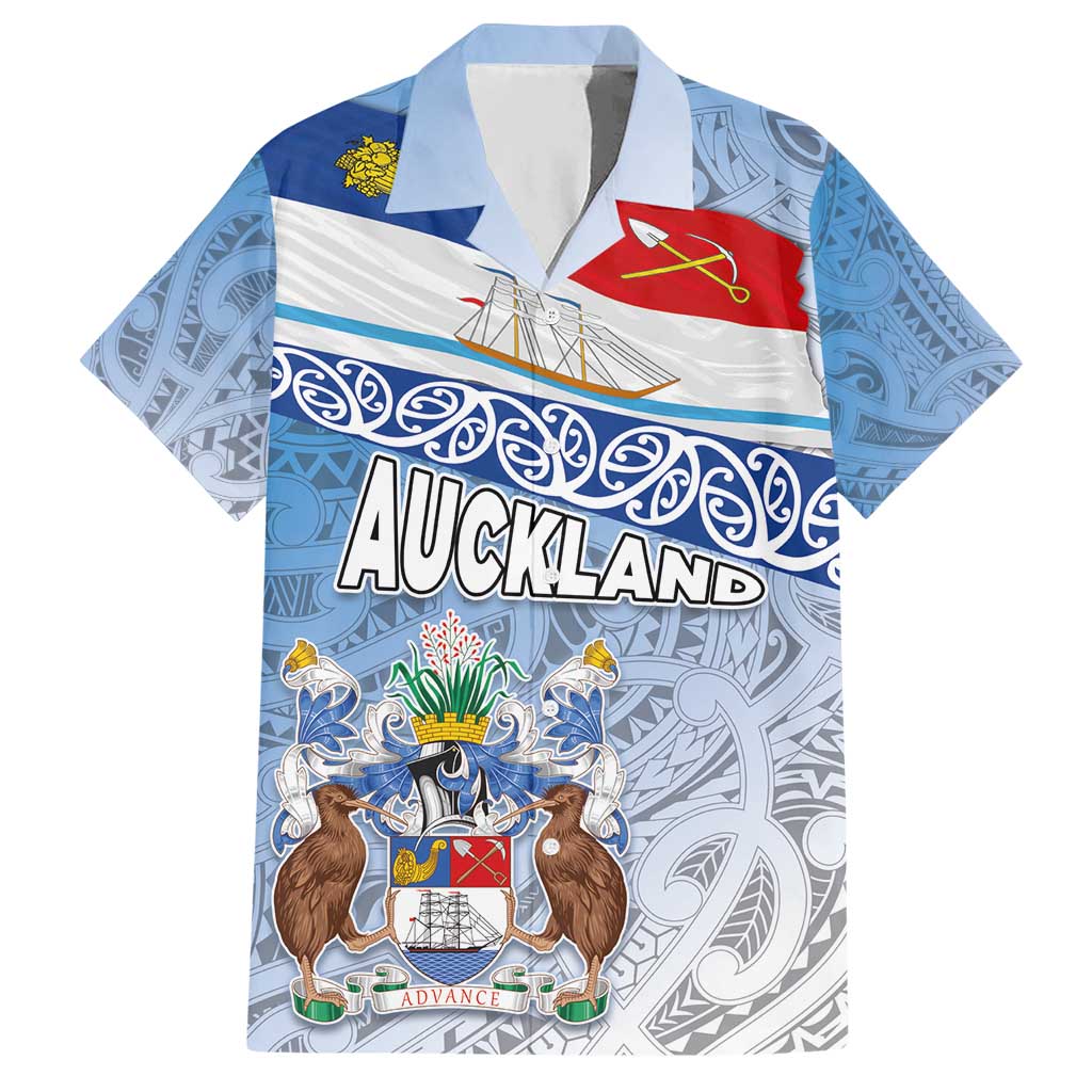 New Zealand Auckland Hawaiian Shirt Auckland's Flag and Coat of Arms - Koru Art Maori Pattern - Vibe Hoodie Shop