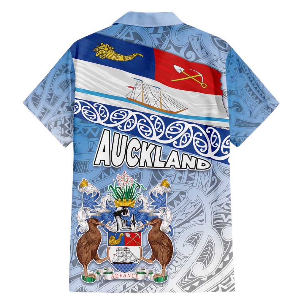 New Zealand Auckland Hawaiian Shirt Auckland's Flag and Coat of Arms - Koru Art Maori Pattern - Vibe Hoodie Shop